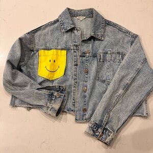 Main Strip Blue Jean Jacket with Yellow Smiley Pocket